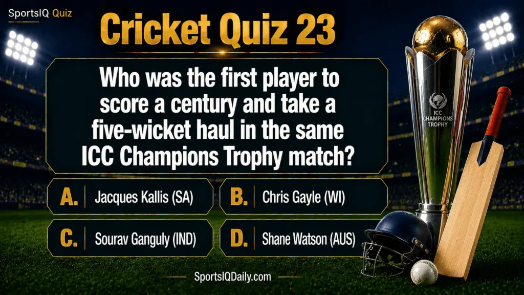 Who was the first player to score a century and take a five-wicket haul in the same ICC Champions Trophy match?