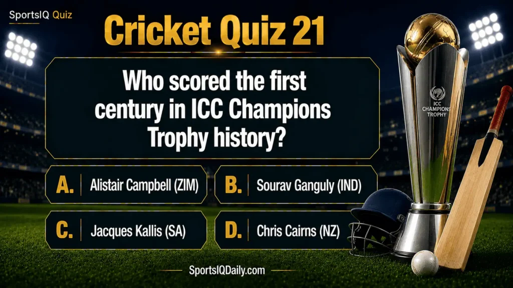 Who scored the first century in ICC Champions Trophy history?